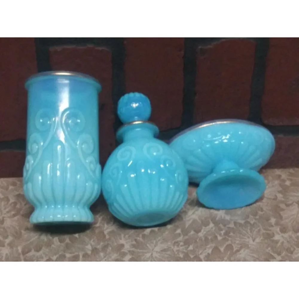 Avon Bristol blue Turquoise 3-pc Bathroom Set Cologne Bottle tumbler soap dish